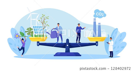 Carbon offset compensation to reduce CO2. Net zero emissions and carbon dioxide neutral balance. Scales with plants and factory. People calculate emissions from factories for zero environment strategy Carbon offset compensation to reduce CO2. Net zero emissions and carbon dioxide neutral balance. Scales with plants and factory. People calculate emissions from factories for zero environment strategy 128402972