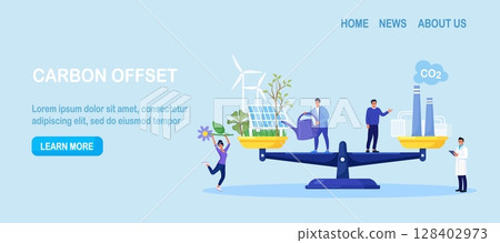 Carbon offset compensation to reduce CO2. Net zero emissions and carbon dioxide neutral balance. Scales with plants and factory. People calculate emissions from factories for zero environment strategy Carbon offset compensation to reduce CO2. Net zero emissions and carbon dioxide neutral balance. Scales with plants and factory. People calculate emissions from factories for zero environment strategy 128402973