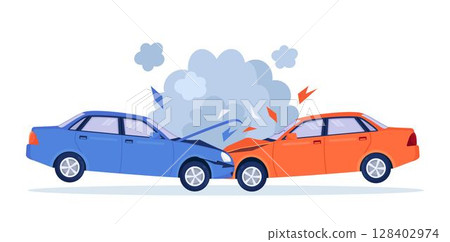 Car crash on the road. Red and blue cars are broken in the city. Road traffic accident. Smashed cars on highway. Collision of vehicles. Automobiles damaged 128402974