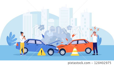 Upset drivers standing near crashed cars. Road traffic accident. Car crash on the road. Vehicle is broken in the city. Smashed auto on highway. Collision of vehicles, wreck. Automobile damaged 128402975