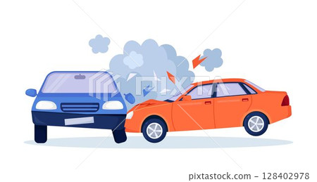 Car crash on the road. Red and blue cars are broken in the city. Road traffic accident. Smashed cars on highway. Collision of vehicles. Automobiles damaged 128402978