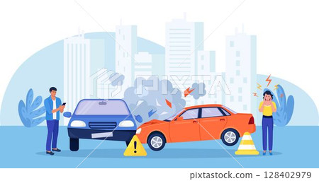 Upset drivers standing near crashed cars. Road traffic accident. Car crash on the road. Vehicle is broken in the city. Smashed auto on highway. Collision of vehicles, wreck. Automobile damaged 128402979