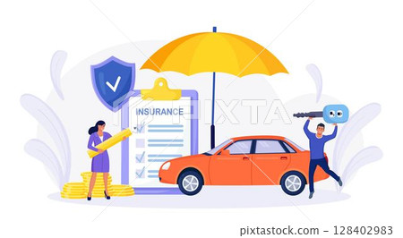 Car insurance policy form with shield, umbrella. Insurance agent or salesman providing security document. People buying auto, leasing Protection, warranty of vehicle from accident, damage or collision Car insurance policy form with shield, umbrella. Insurance agent or salesman providing security document. People buying auto, leasing Protection, warranty of vehicle from accident, damage or collision 128402983