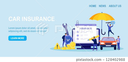 Car insurance policy form on computer screen. Insurance agent or salesman providing security document. People buying auto, leasing. Protection, warranty of vehicle from accident, damage or collision 128402988