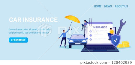 Car insurance policy form on laptop screen. Insurance agent or salesman providing security document. People buying auto, leasing. Protection, warranty of vehicle from accident, damage or collision 128402989