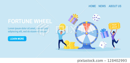 Casino and gambling. People playing fortune wheel. Winners with gift boxes, dice and giant raffle drum. Players spinning lucky wheel, hit jackpot and receive money. Woman celebrate lottery winning 128402993