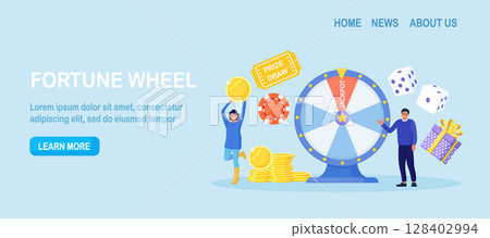 Casino and gambling. People playing fortune wheel. Winners with gift boxes, dice and giant raffle drum. Players spinning lucky wheel, hit jackpot and receive money. Woman celebrate lottery winning 128402994