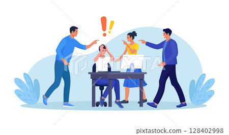Abuse or bullying colleague. People blaming at depressed businessman. Worker sitting at desk with computer and documents hiding head. Employees point fingers and laugh. Emotional stress on work 128402998