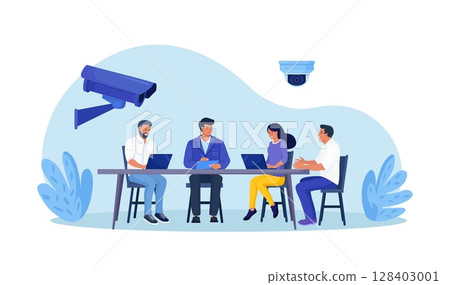 Corporate control. Personal security, face authentication. Video surveillance and CCTV cameras provide safety. Security camera takes pictures of office workers. Protection of workers 128403001