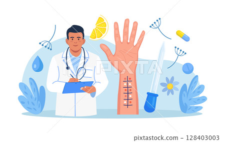 Allergy test. Patient hand with incisions for testing for allergens. Laboratory equipment for analysis. Allergic reaction. Allergology, immunology 128403003