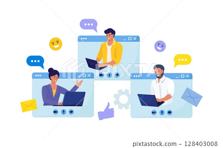 Online Discussion and Video Conference. People Connecting Together, Learning or Meeting Online with Teleconference. Businessmen on Web Page Talking with Colleagues, Employees or Friends 128403008