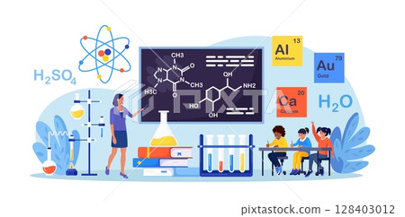 Chemistry school lesson. Pupils learning chemical formula, element. Scientific experiment in laboratory with chemistry flasks, reagents, science equipment. Lab scientific researches, education 128403012