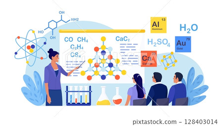 Chemistry school lesson. Students learning chemical formula, element structure. Scientific experiment in laboratory with chemistry flasks, reagents, science equipment. Lab scientific researches 128403014