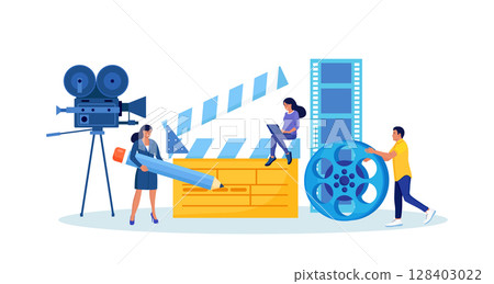 People Recording, Making Movies at Cinema. Shooting Crew Making Films. Movie Director with Megaphone, Clapperboard, Reel. Filming Production Staff, Film Industry. Cinematography Process, Entertainment People Recording, Making Movies at Cinema. Shooting Crew Making Films. Movie Director with Megaphone, Clapperboard, Reel. Filming Production Staff, Film Industry. Cinematography Process, Entertainment 128403022