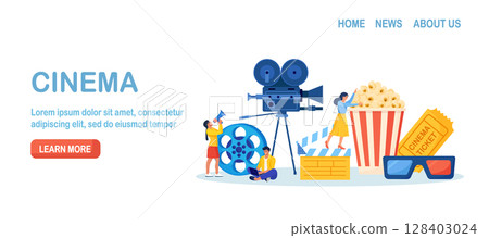 People recording, making and watching movies at cinema. Shooting crew making film. Movie director, production team. Characters buying tickets online, popcorn. Cinema production staff. Cinematography 128403024
