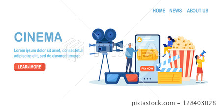 People booking cinema ticket, armchairs in theatre by mobile app. Online cinema art movie watching with popcorn bucket, 3d glasses, soda drinks and camera, clapperboard. Cinematography concept 128403028