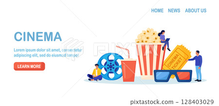 Online cinema art movie watching with popcorn bucket, 3d glasses, soda drinks and filmstrip, film reel. Cinematography concept. Film production. Movie premiere show announcement Online cinema art movie watching with popcorn bucket, 3d glasses, soda drinks and filmstrip, film reel. Cinematography concept. Film production. Movie premiere show announcement 128403029