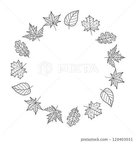 Hand-Drawn Autumn Leaf Wreath Outline. Botanical Fall Circle Frame for Coloring, Cards, and Invitations 128403031
