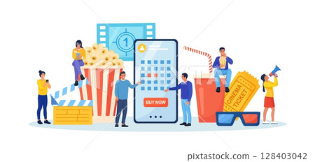 People booking cinema ticket, armchairs in theatre by mobile app. Online cinema art movie watching with popcorn bucket, 3d glasses, soda drinks and filmstrip, clapperboard. Cinematography concept People booking cinema ticket, armchairs in theatre by mobile app. Online cinema art movie watching with popcorn bucket, 3d glasses, soda drinks and filmstrip, clapperboard. Cinematography concept 128403042