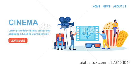 Online cinema art movie watching with popcorn bucket, 3d glasses, soda drinks and filmstrip, film reel. Cinematography concept. Film production. Movie premiere show announcement Online cinema art movie watching with popcorn bucket, 3d glasses, soda drinks and filmstrip, film reel. Cinematography concept. Film production. Movie premiere show announcement 128403044