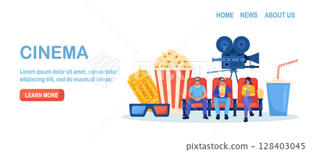 Online cinema art movie. Happy friends sitting, watching 3d motion picture. Comfortable armchairs for watching film. Popcorn, soda drinks, clapperboard, filmstrip. Auditorium, seats in movies theater Online cinema art movie. Happy friends sitting, watching 3d motion picture. Comfortable armchairs for watching film. Popcorn, soda drinks, clapperboard, filmstrip. Auditorium, seats in movies theater 128403045