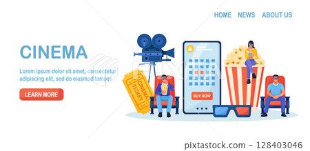 People booking cinema ticket, armchairs in theatre by mobile app. Online cinema art movie watching with popcorn bucket, 3d glasses, soda drinks and filmstrip, clapperboard. Cinematography concept 128403046