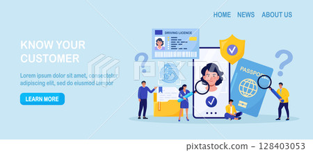 KYC or Know Your Customer. Verifying of Clients Identify and Assessing Suitability. Business Identification and Finance Safety. Cyber Crime. Marketing Team Doing Research, Analyzing Client Surveys 128403053