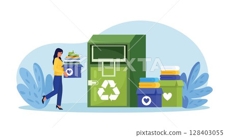 Cloth recycling. Woman put, sorting clothes in urban street container for social humanitarian aid. Recycled fabric, textile and eco friendly production. Volunteers donating to charity. Garment reuse 128403055