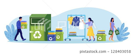 Fabric and textile recycling. People donating used clothes for recycle, create eco-friendly sustainable fashion. Man throwing clothing in donating container, buying new ones. Humanitarian aid, charity 128403058