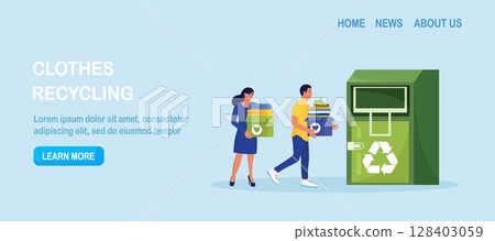 Cloth recycling. People put, sorting clothes in urban street container for social humanitarian aid. Recycled fabric, textile and eco friendly production. Volunteers donating to charity. Garment reuse 128403059