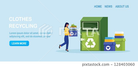 Cloth recycling. Woman put, sorting clothes in urban street container for social humanitarian aid. Recycled fabric, textile and eco friendly production. Volunteers donating to charity. Garment reuse 128403060