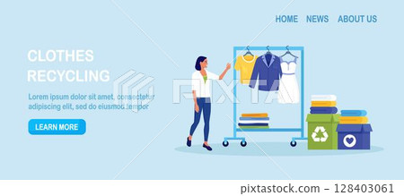 Cloth recycling. Woman packing box with clothes at wardrobe for donation. Recycle and sustainable fashion. Eco-friendly production fabric. People donate dress for benefaction. Charity, social care Cloth recycling. Woman packing box with clothes at wardrobe for donation. Recycle and sustainable fashion. Eco-friendly production fabric. People donate dress for benefaction. Charity, social care 128403061