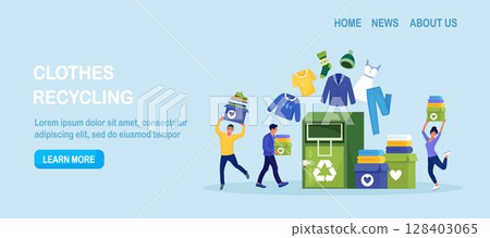 Recycling clothes. Clothing falls into container with recycling symbol. People put garment in bin to create eco-friendly textile. Sustainable eco fashion, clothes donation. Charity, humanitarian aid 128403065