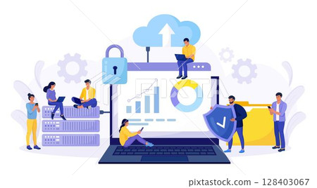 IT specialists administrate cloud service, data storage. Hosting platform. Big data processing, transferring. Online computing technology. Software solutions to share informations on digital network 128403067