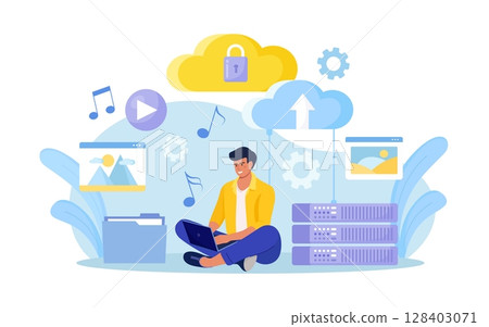 Cloud computing, online database, web hosting. People storing data and processing data on web server. Man using computer upload and download information on cloud storage 128403071