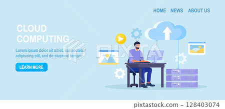 Cloud computing, online database, web hosting. People storing data and processing data on web server. Man using computer upload and download information on cloud storage. Vector design 128403074