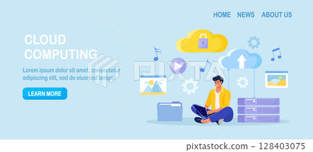 Cloud computing, online database, web hosting. People storing data and processing data on web server. Man using computer upload and download information on cloud storage. Vector design Cloud computing, online database, web hosting. People storing data and processing data on web server. Man using computer upload and download information on cloud storage. Vector design 128403075