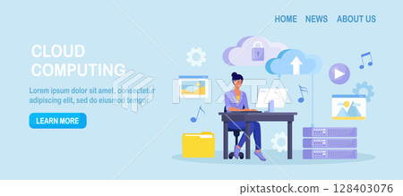 Cloud computing, online database, web hosting. People storing data and processing data on web server. Woman using computer upload and download information on cloud storage. Vector design Cloud computing, online database, web hosting. People storing data and processing data on web server. Woman using computer upload and download information on cloud storage. Vector design 128403076