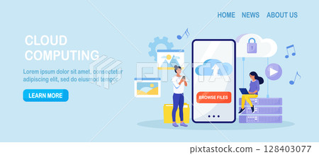 Cloud computing. People storing data on cloud server, processing data. Web hosting, online database. Download files. Mobile cloud storage app on smartphone screen. Vector design Cloud computing. People storing data on cloud server, processing data. Web hosting, online database. Download files. Mobile cloud storage app on smartphone screen. Vector design 128403077