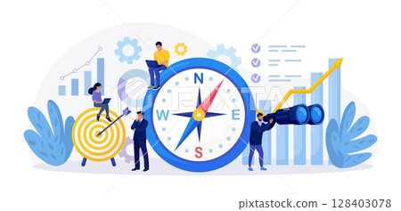 Using Compass for Navigation and Orientation in Business. Strategic Planning, Future Vision. Business Strategy Direction. Mission concept. Businessman Makes Important Decisions, Sets Goals for Company 128403078