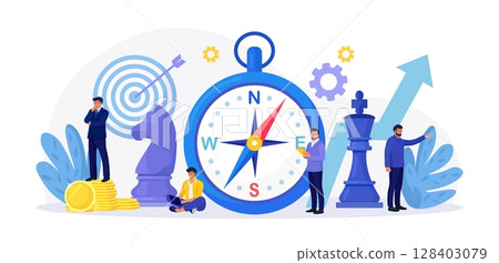 Business People Using Compass for Navigation and Orientation in Business. Strategic Planning, Future Vision. Business Strategy Direction. Mission concept. Important Decisions, Sets Goals for Company 128403079
