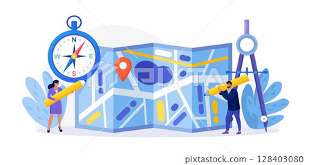 Cartography, Topography. People with Compass, Divider and Pencil Planning Tourist Route, Put Marks for Destination Points. Characters Orienteering at Huge Paper Map, Searching Way. Geography concept Cartography, Topography. People with Compass, Divider and Pencil Planning Tourist Route, Put Marks for Destination Points. Characters Orienteering at Huge Paper Map, Searching Way. Geography concept 128403080
