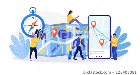 Smartphone with Navigator App Showing Route, Geolocation, Point Location on Map. GPS Navigation. People Planning Tour, Searching Route, Choosing Travel Destination. Compass, Electronic Map with Geotag Smartphone with Navigator App Showing Route, Geolocation, Point Location on Map. GPS Navigation. People Planning Tour, Searching Route, Choosing Travel Destination. Compass, Electronic Map with Geotag 128403081