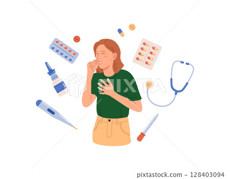 Character Sneezing and Coughing. Prevention against Virus and Infection.Young Woman Having a Cold. Flu and Sickness Concept. Doctors Treat Patient with Pills, Capsules. Influenza Treatment Character Sneezing and Coughing. Prevention against Virus and Infection.Young Woman Having a Cold. Flu and Sickness Concept. Doctors Treat Patient with Pills, Capsules. Influenza Treatment 128403094
