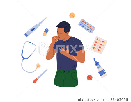 Man suffering from flu. He has fever, cough and sneezing. Flu or cold, allergy symptom. Influenza, illness treatment. Person with influenza, runny nose, headache, fever, sore throat. Pharmacy therapy Man suffering from flu. He has fever, cough and sneezing. Flu or cold, allergy symptom. Influenza, illness treatment. Person with influenza, runny nose, headache, fever, sore throat. Pharmacy therapy 128403096