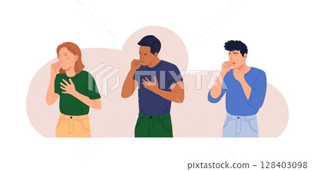 Characters Sneezing and Coughing. Prevention against Virus and Infection.Young Woman and Man Having a Cold. Flu and Sickness Concept. Doctors Treat Patient with Pills, Capsules. Influenza Treatment 128403098
