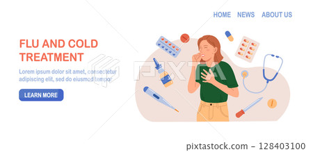 Character Sneezing and Coughing. Prevention against Virus and Infection.Young Woman Having a Cold. Flu and Sickness Concept. Doctors Treat Patient with Pills, Capsules. Influenza Treatment 128403100