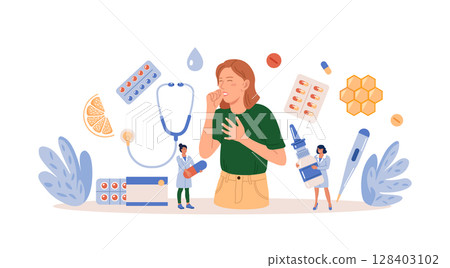 Sick woman with flu and cold. Seasonal allergy, contagious respiratory illness. Influenza viruses, nasal disorder treatment. Doctor examining patient. Physician appointment. Rhinitis, sinusitis cure 128403102