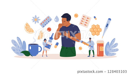 Character Sneezing and Coughing. Prevention against Virus and Infection.Young Man Having a Cold. Flu and Sickness Concept. Doctors Treat Patient with Pills, Capsules. Influenza Treatment Character Sneezing and Coughing. Prevention against Virus and Infection.Young Man Having a Cold. Flu and Sickness Concept. Doctors Treat Patient with Pills, Capsules. Influenza Treatment 128403103