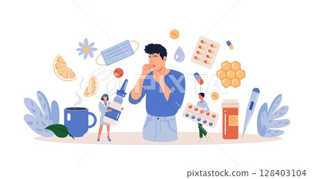 Character Sneezing and Coughing. Prevention against Virus and Infection.Young Man Having a Cold. Flu and Sickness Concept. Doctors Treat Patient with Pills, Capsules. Influenza Treatment Character Sneezing and Coughing. Prevention against Virus and Infection.Young Man Having a Cold. Flu and Sickness Concept. Doctors Treat Patient with Pills, Capsules. Influenza Treatment 128403104